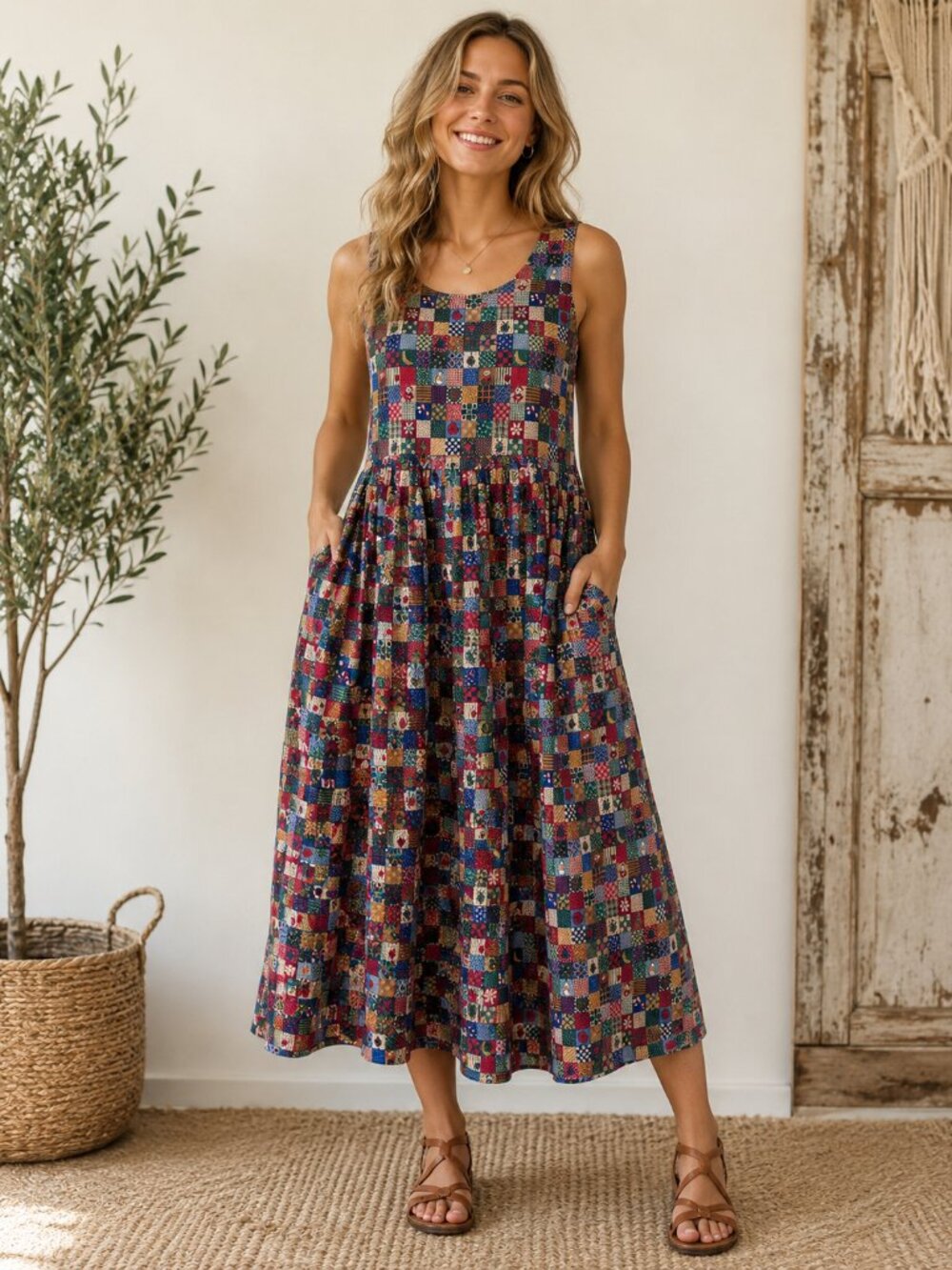 Vintage Handmade Patchwork  Cotton Dress Christmas Holiday Print M